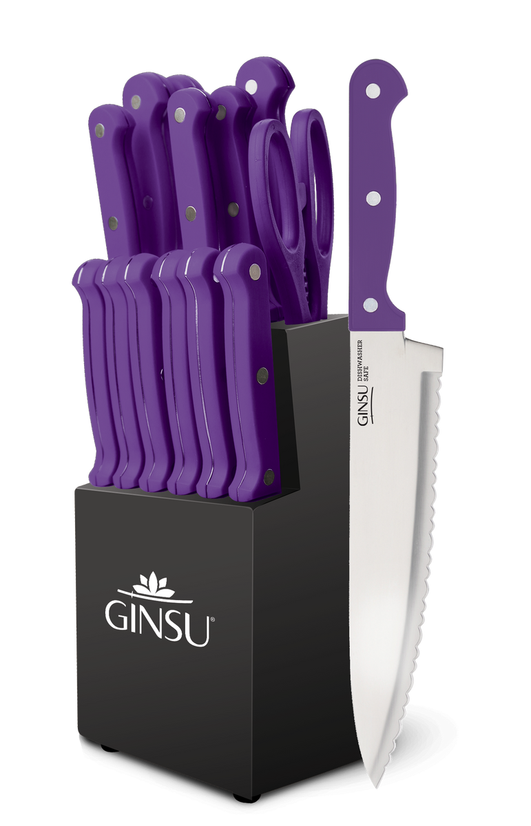 GINSU Kiso Dishwasher Safe Purple 14 Piece Knife Set With Natural Block,  Black,  price tracker / tracking,  price history charts,   price watches,  price drop alerts
