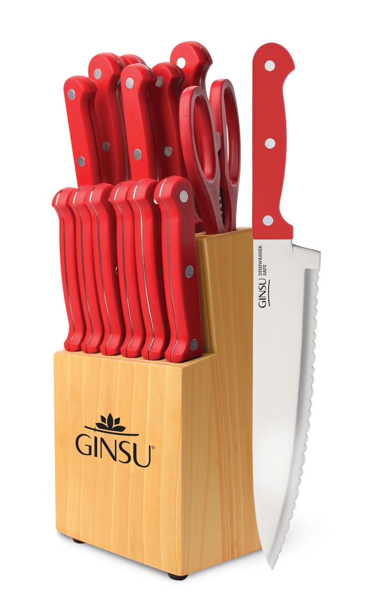 Ginsu®Kiso® 14 Piece Red Set with Wood Block