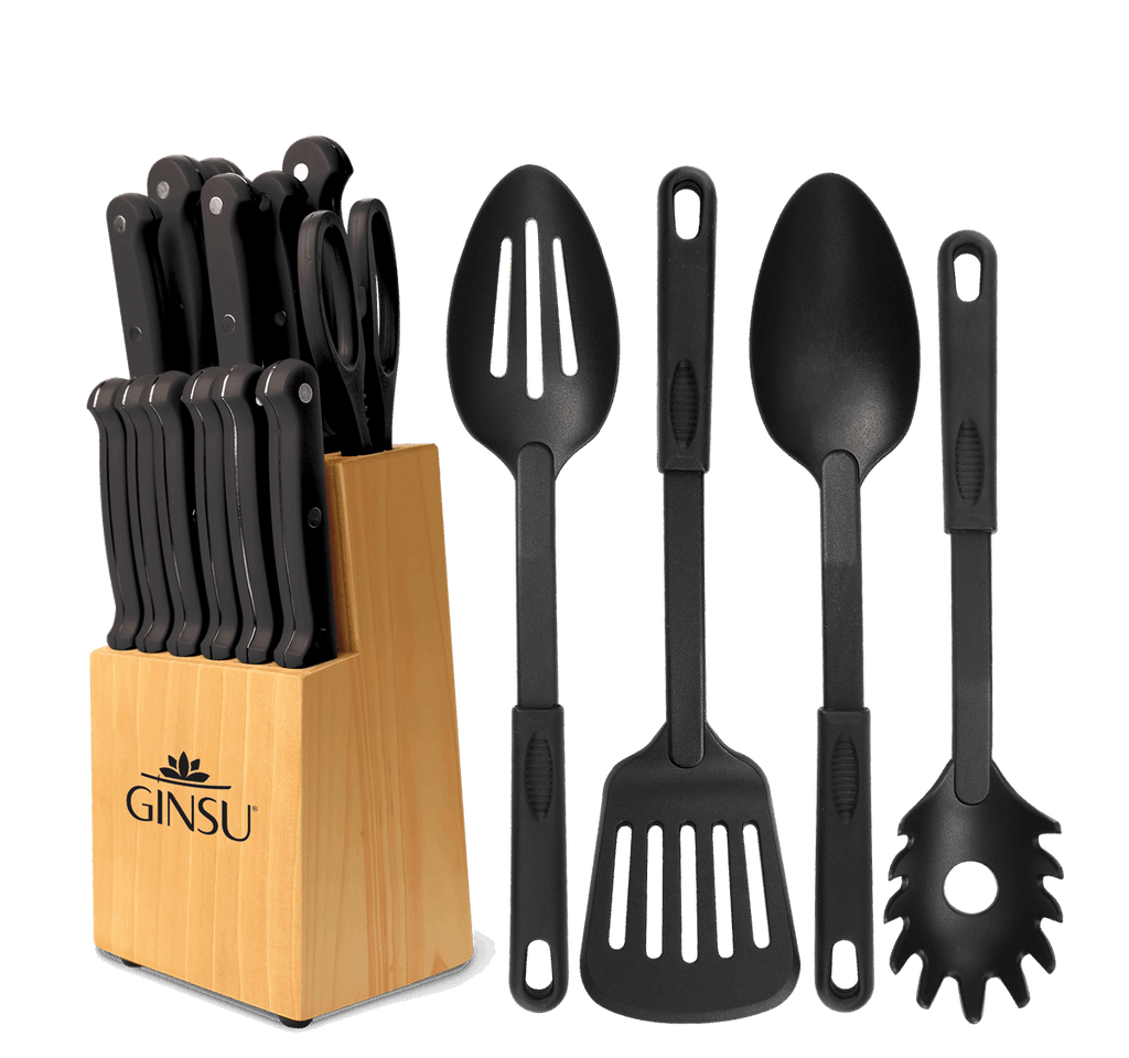 Ginsu®Kiso® 18 Piece Black Set with Wood Block - Ginsu