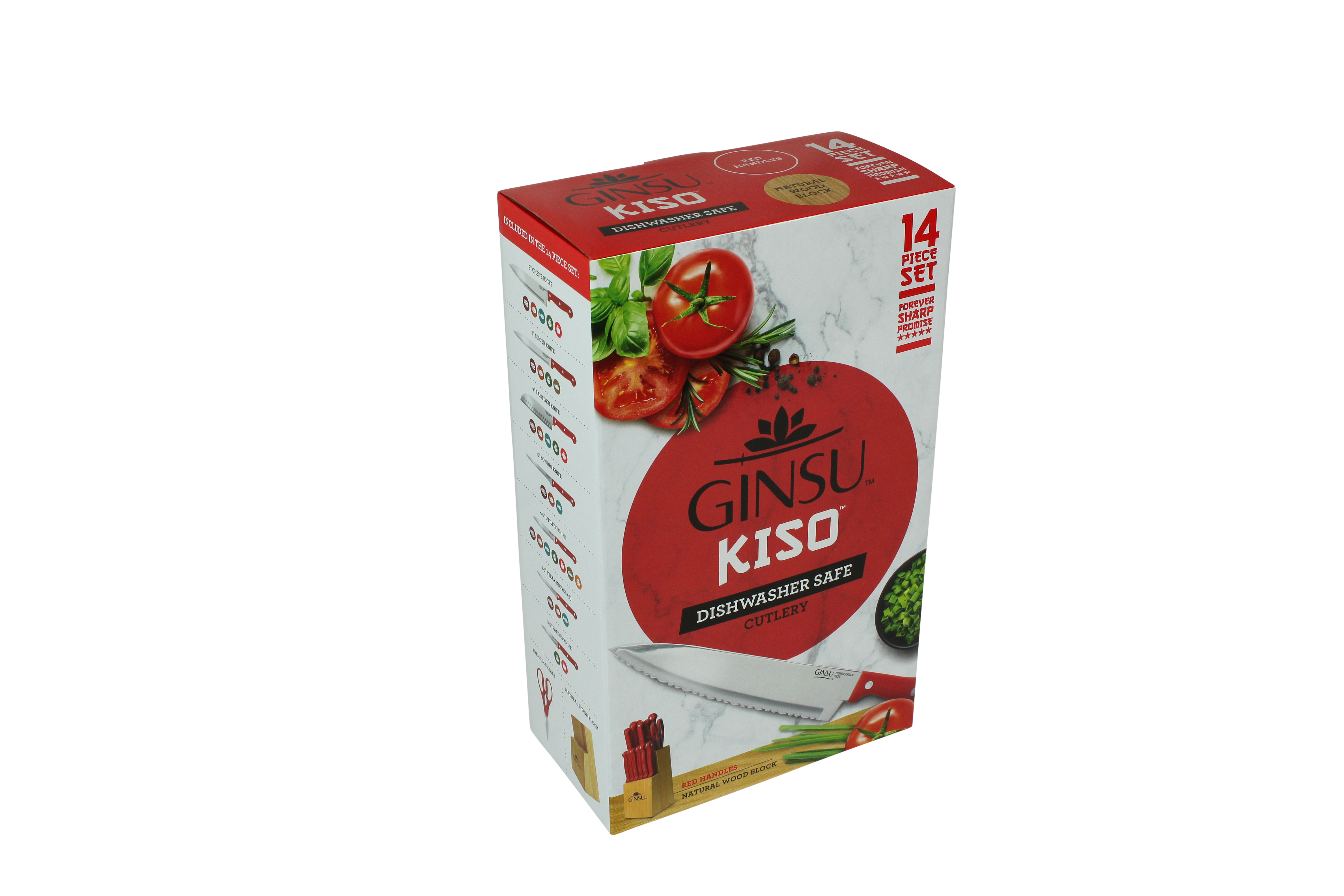 Ginsu Kiso Dishwasher Safe 14pc Knife Block Set Natural With Red